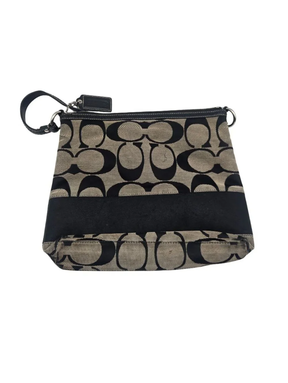 Coach Black & Tan Signature C Jacquard Shoulder Bag With Leather Trim 12x11in